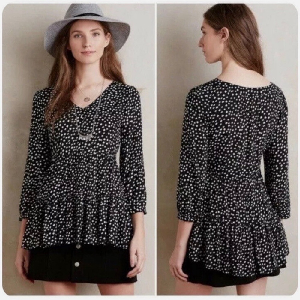 Maeve Anthropologie Lila Tiered Blouse Top Spotted Black Women’s size XS